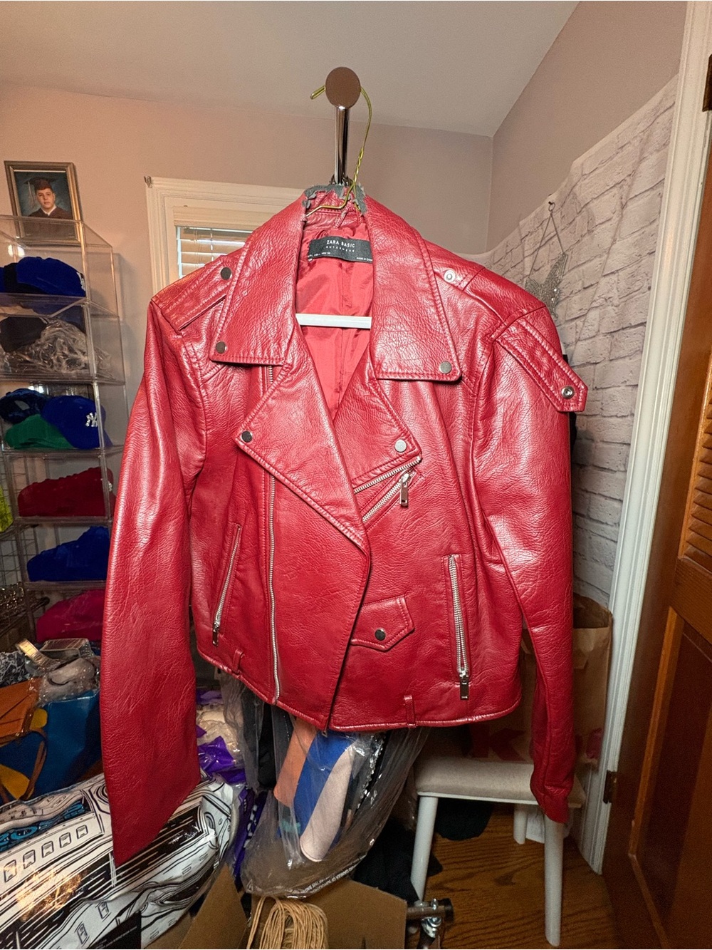 Zara Bold Red faux Leather Biker Jacket